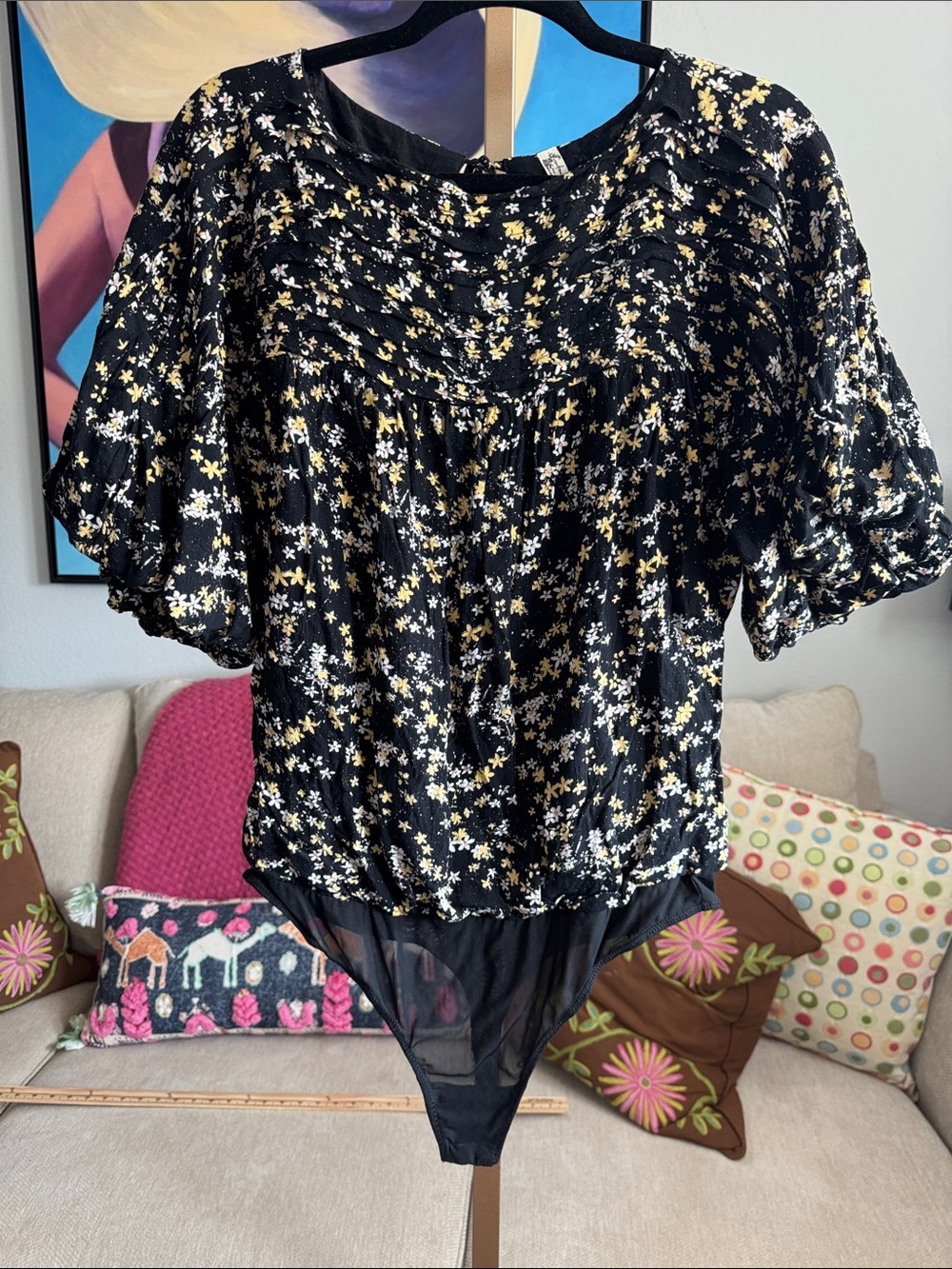 Free People Intimately Dessa Floral Bodysuit Size L Boho Puff Sleeve Peasant Top - Picture 2 of 11